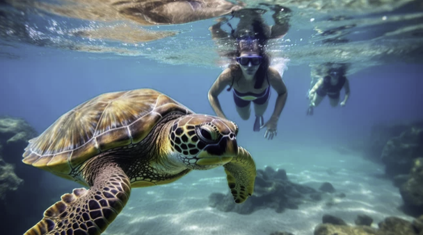 Sea turtle snorkeling in clear Hawaiian water